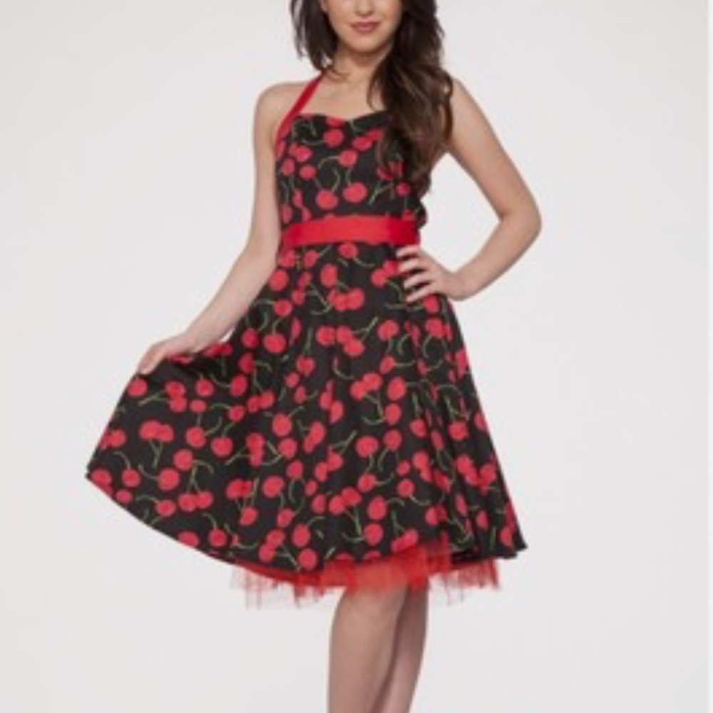 Hearts & Roses 50s Inspired Retro Vintage Cherry Halter Dress Bombshell Swing